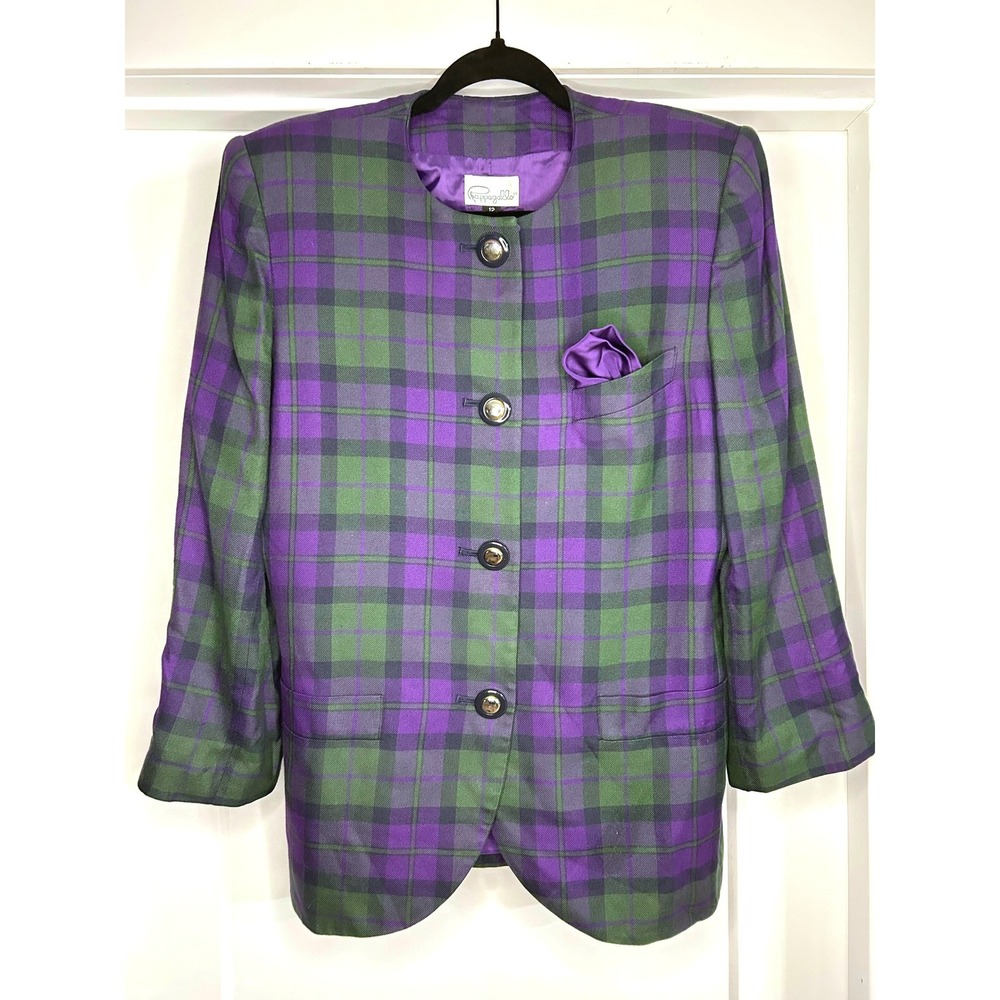 Pappagallo Vintage Purple Green Plaid Collarless Blazer Jacket Womens 12 Rayon